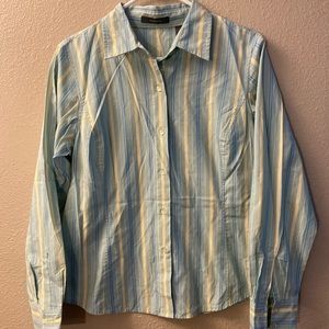 Liz Claiborne womens long sleeve Blue and Yellow stripped bottom up size 10